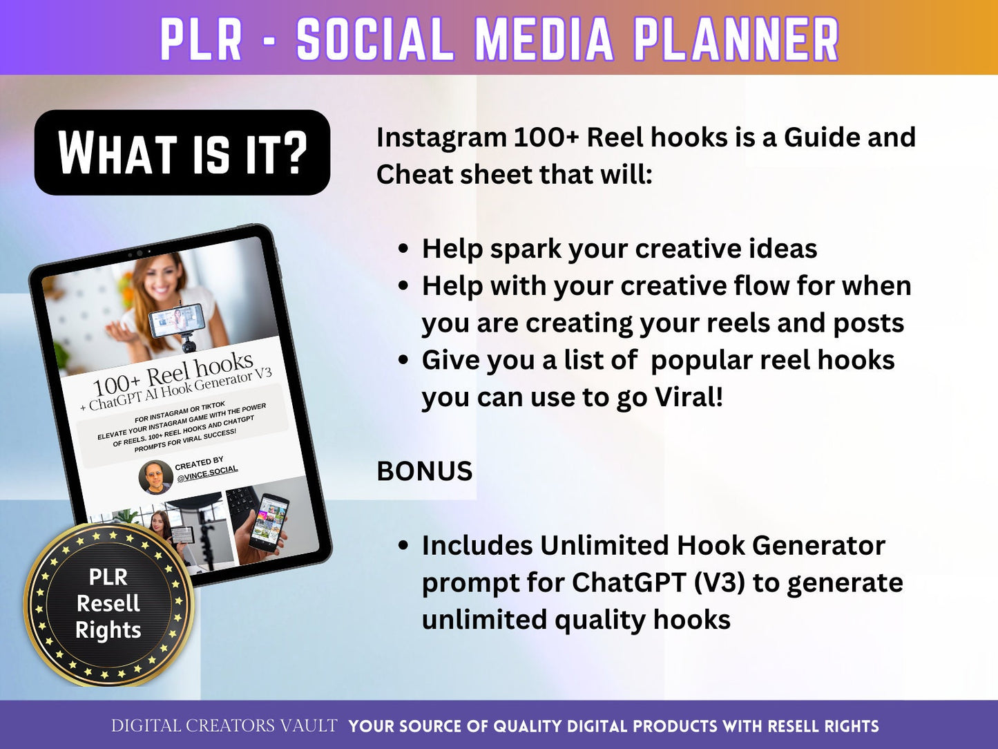 100+ Reel Hooks for Instagram and TikTok + AI hook Generator | TikTok or Instagram Reels | TikTok Hooks + PLR Resell Rights - MRR Products Vault