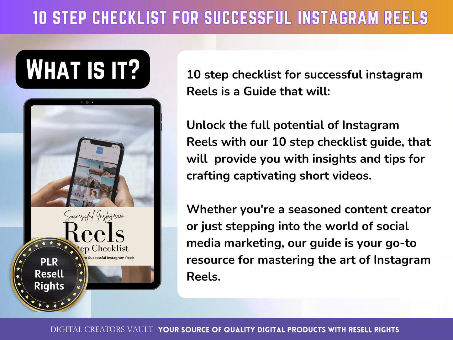 DCVault - Successful Instagram Reels Guide - 10 Step Checklist - PLR Resell rights | Tips for Creating Captivating Reels to Boost IG Insta Engagement - MRR Products Vault