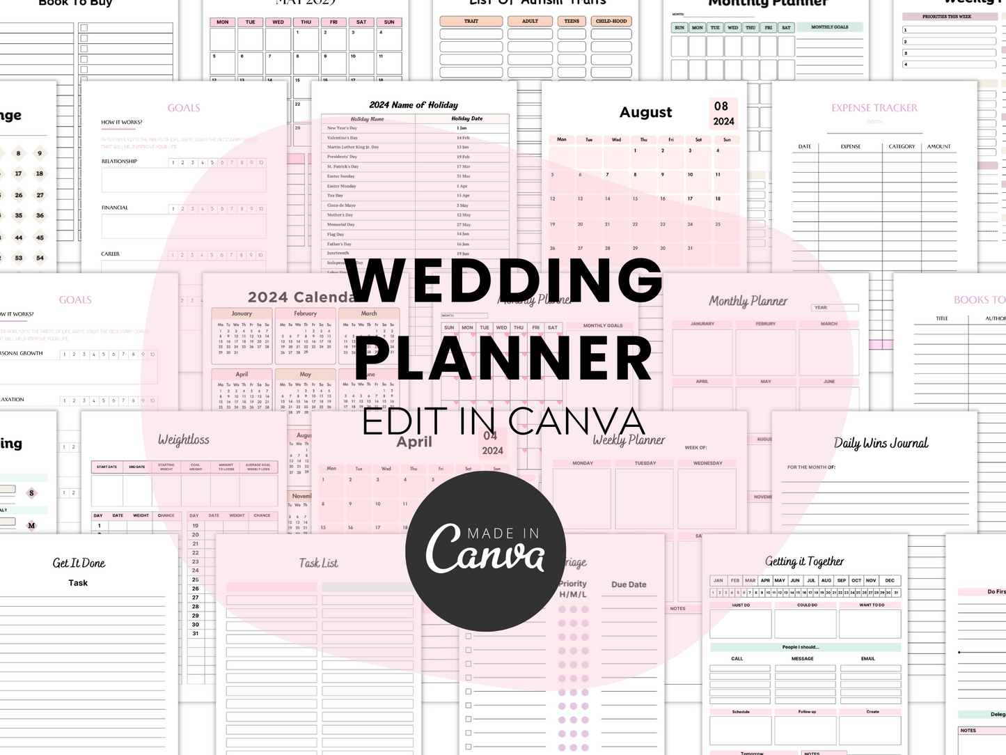 Editable 2024 Wedding Planner Canva MRR+PLR Resell rights