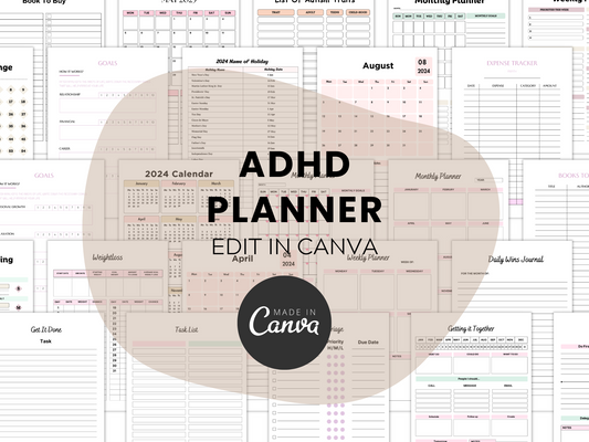 Editable Mega ADHD Planner Canva MRR+PLR Resell rights