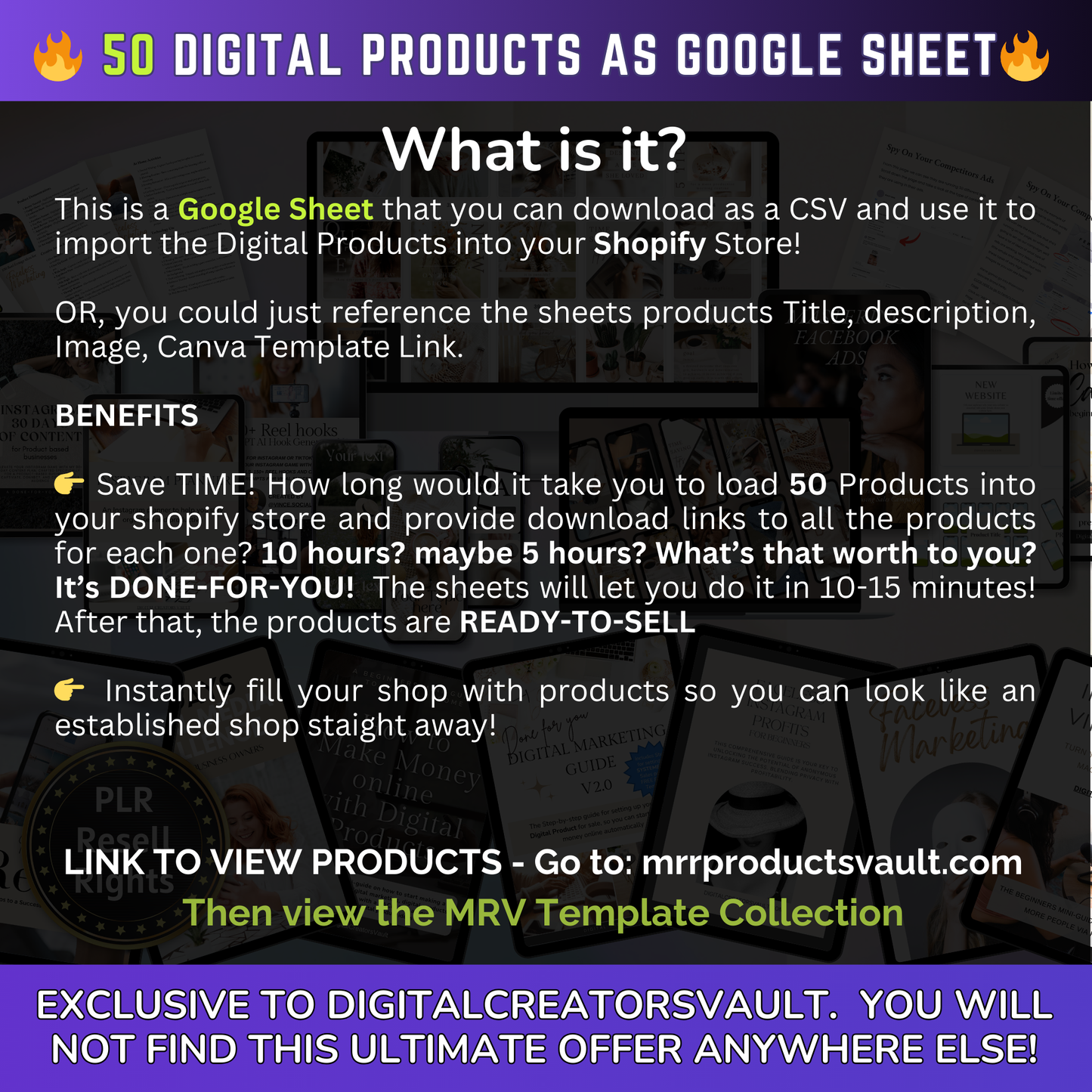 50 Digital Products Google Sheet CSV + Shopify Import files - Commercial use only