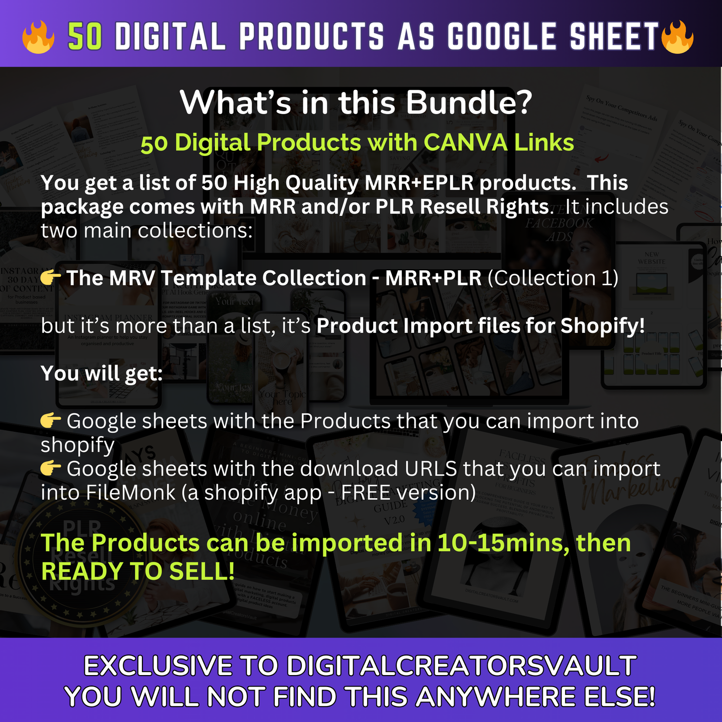 50 Digital Products Google Sheet CSV + Shopify Import files - Commercial use only