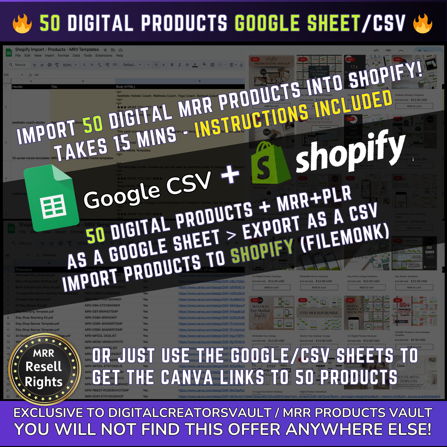 50 Digital Products Google Sheet CSV + Shopify Import files - Commercial use only