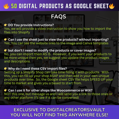 50 Digital Products Google Sheet CSV + Shopify Import files - Commercial use only