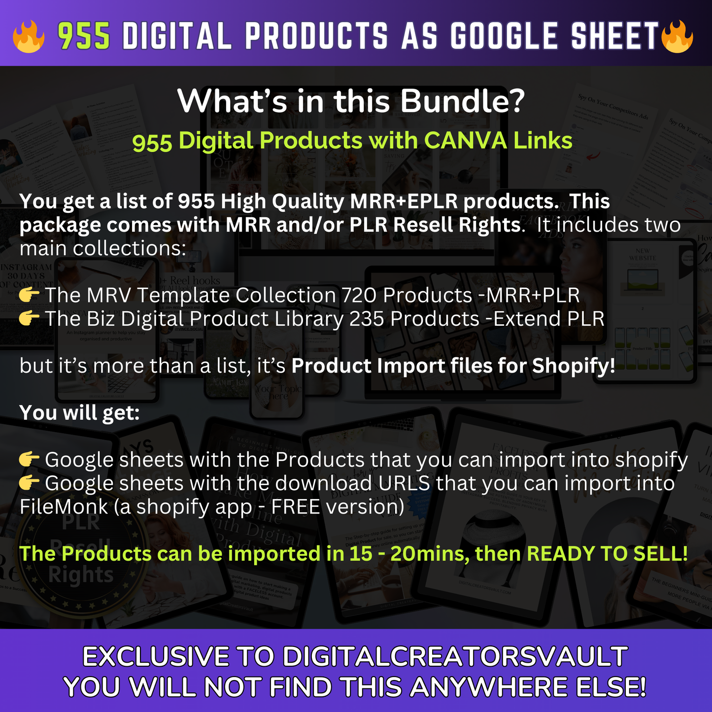 955 Digital Products Google Sheet CSV + Shopify Import files with Master resell rights MRR + PLR for Products