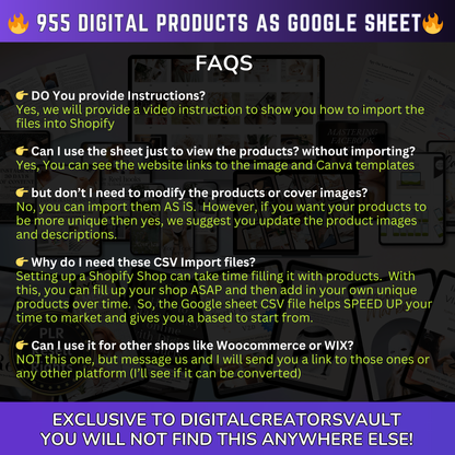 955 Digital Products Google Sheet CSV + Shopify Import files with Master resell rights MRR + PLR for Products