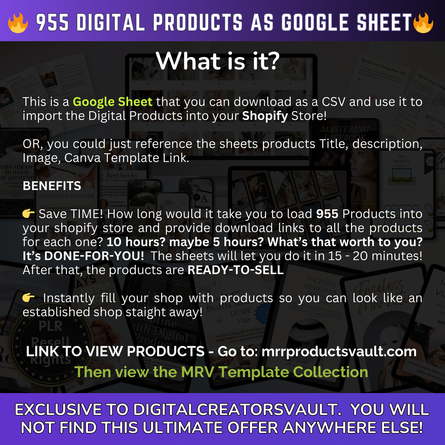 955 Digital Products Google Sheet CSV + Shopify Import files with Master resell rights MRR + PLR for Products