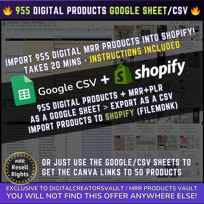 955 Digital Products Google Sheet CSV + Shopify Import files with Master resell rights MRR + PLR for Products