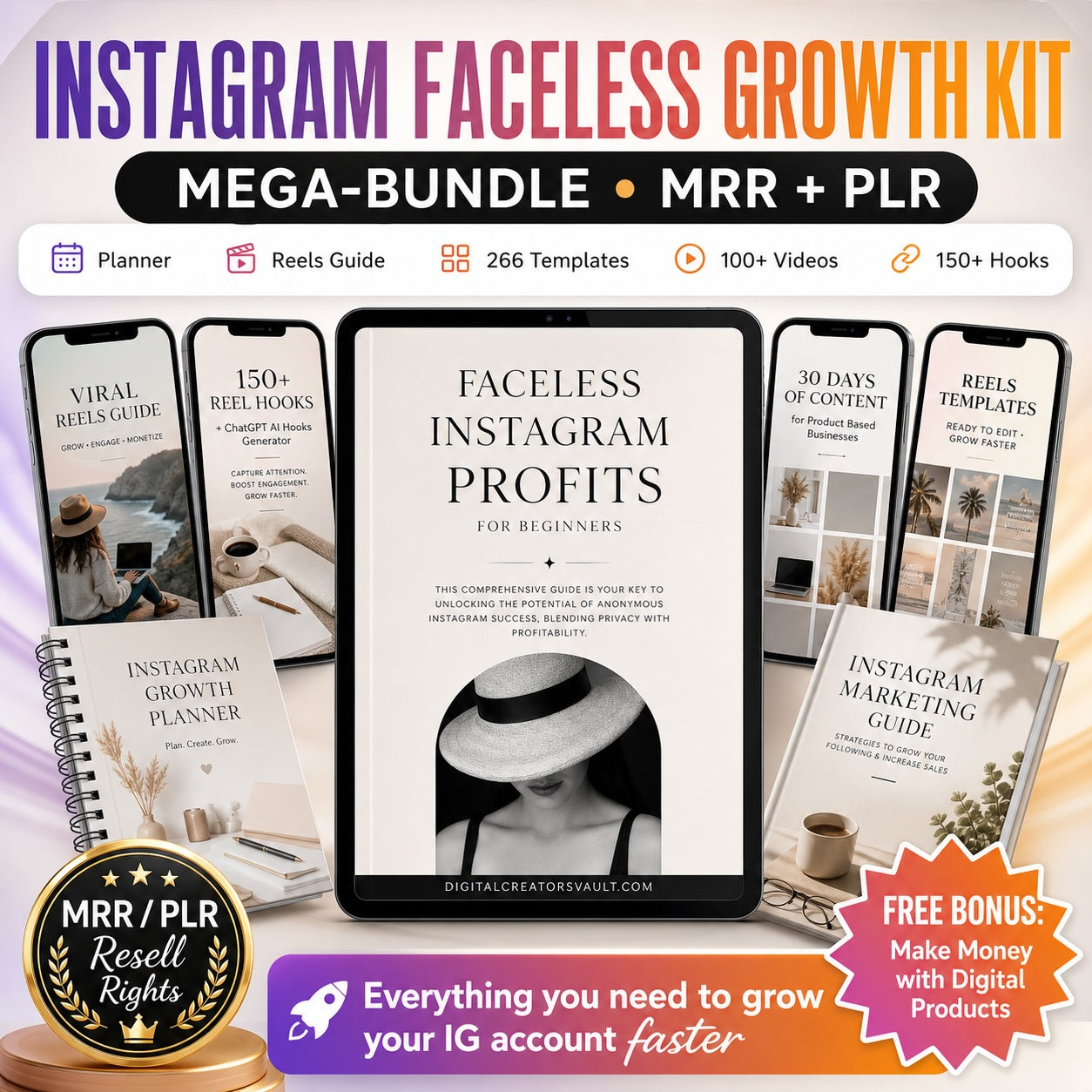 Instagram Faceless Growth Kit MEGA-Bundle: Faceless Instagram mini-guide, Instagram Templates, Instagram Reels graphics + Planner- MRR + PLR