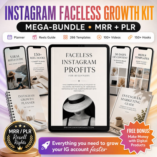 Instagram Faceless Growth Kit MEGA-Bundle: Faceless Instagram mini-guide, Instagram Templates, Instagram Reels graphics + Planner- MRR + PLR