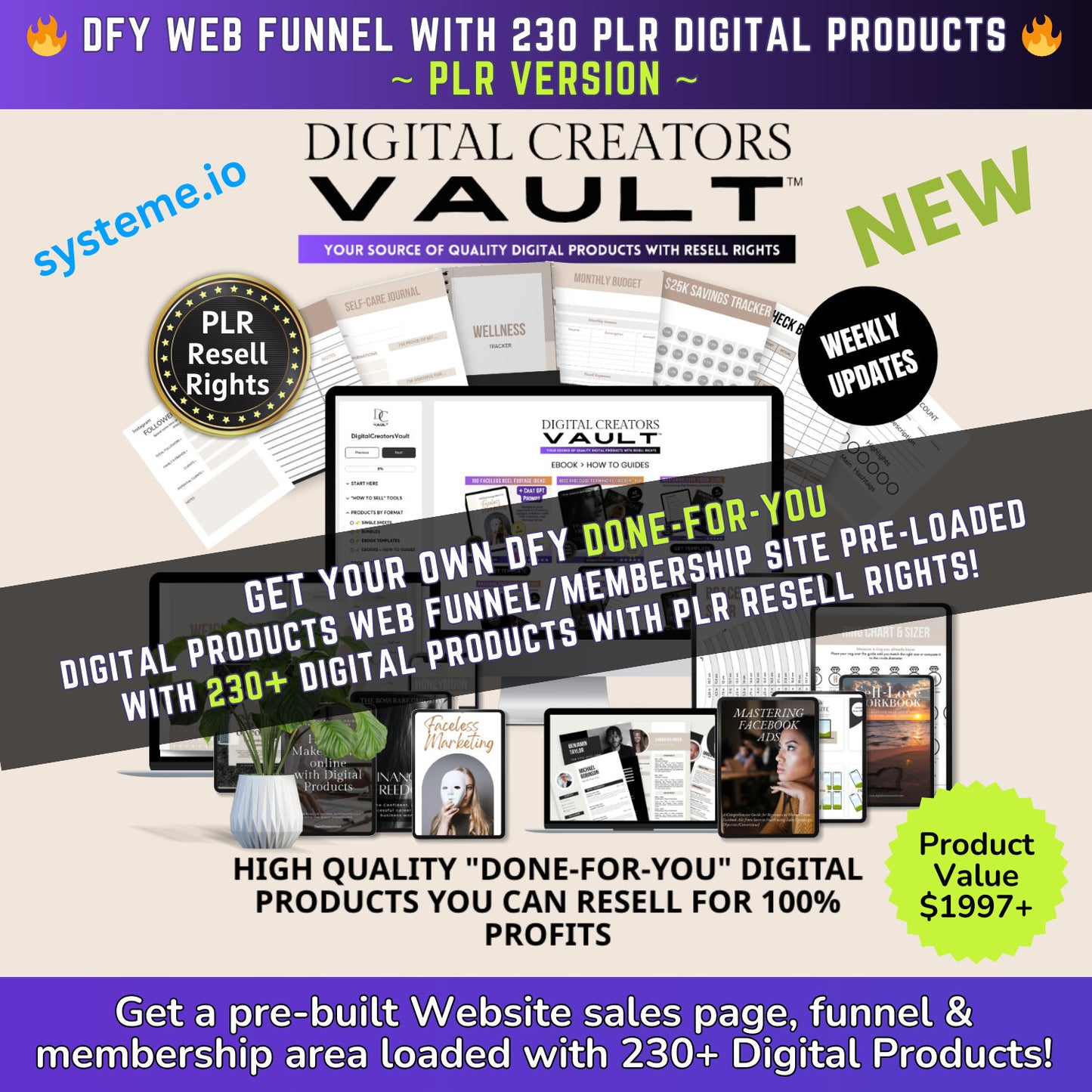 DFY 230 Digital Products website sales page funnel + Membership with PLR Private Label Resell Rights - systemeIO template