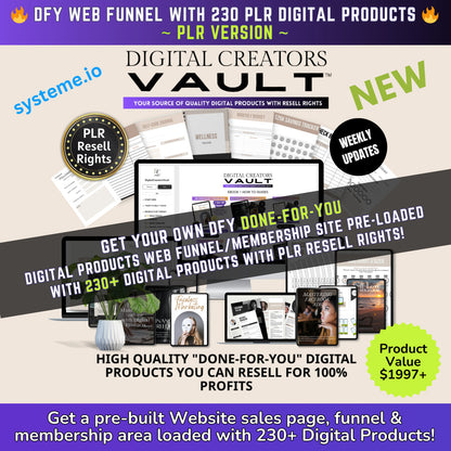 DFY 230 Digital Products website sales page funnel + Membership with PLR Private Label Resell Rights - systemeIO template