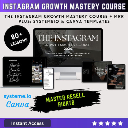 Instagram Growth Mastery Course with MRR Master Resell Rights + Sales landing page funnel for systemeIO template + Canva template