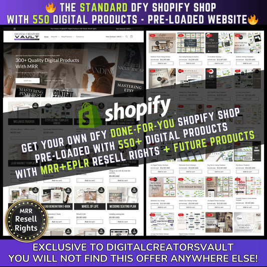 The Pre-built Shopify Shop preloaded with 570 MRR+PLR Digital Products + Ultimate Branding Course UBC - MRR