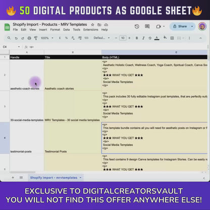 50 Digital Products Google Sheet CSV + Shopify Import files - Commercial use only