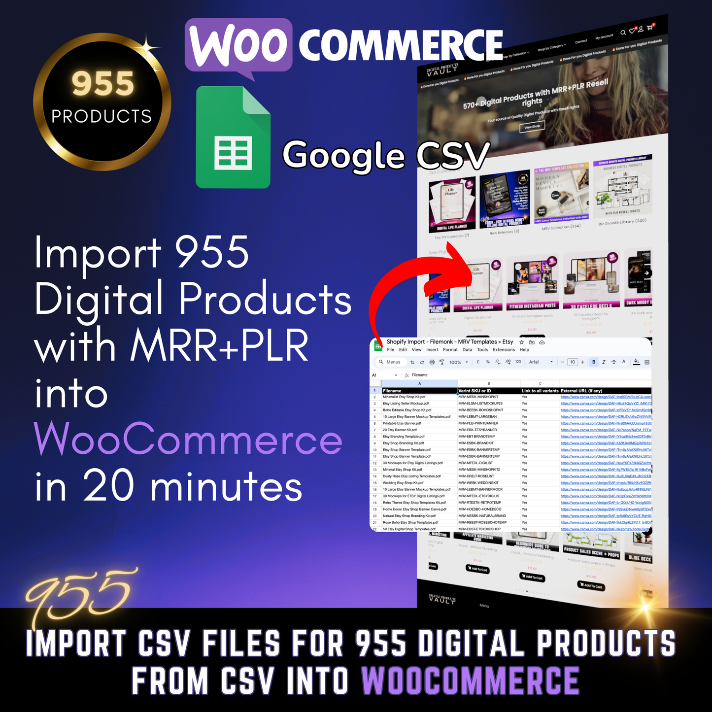 955 WooCommerce MRR Digital Products Import Google Sheet CSV