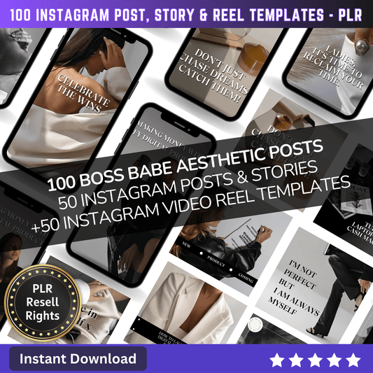 100 Boss Babe Aesthetic Instagram Post Templates + Video Reels | Aesthetic Reel Posts | Canva templates | Content Creator Story Reels - PLR - MRR Products Vault