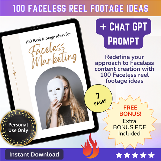 100 Faceless Instagram Reel Footage Ideas mini-EBook + Chat GPT Prompt: Anonymous Marketing + Faceless Reel ideas (Promo) Personal use - MRR Products Vault