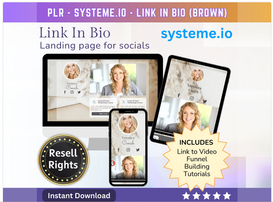 Link in Bio (Brown) SystemeIO with MRR+PLR Resell rights | Instagram bio  | Tiktok bio | SystemeIO page funnel - MRR Products Vault