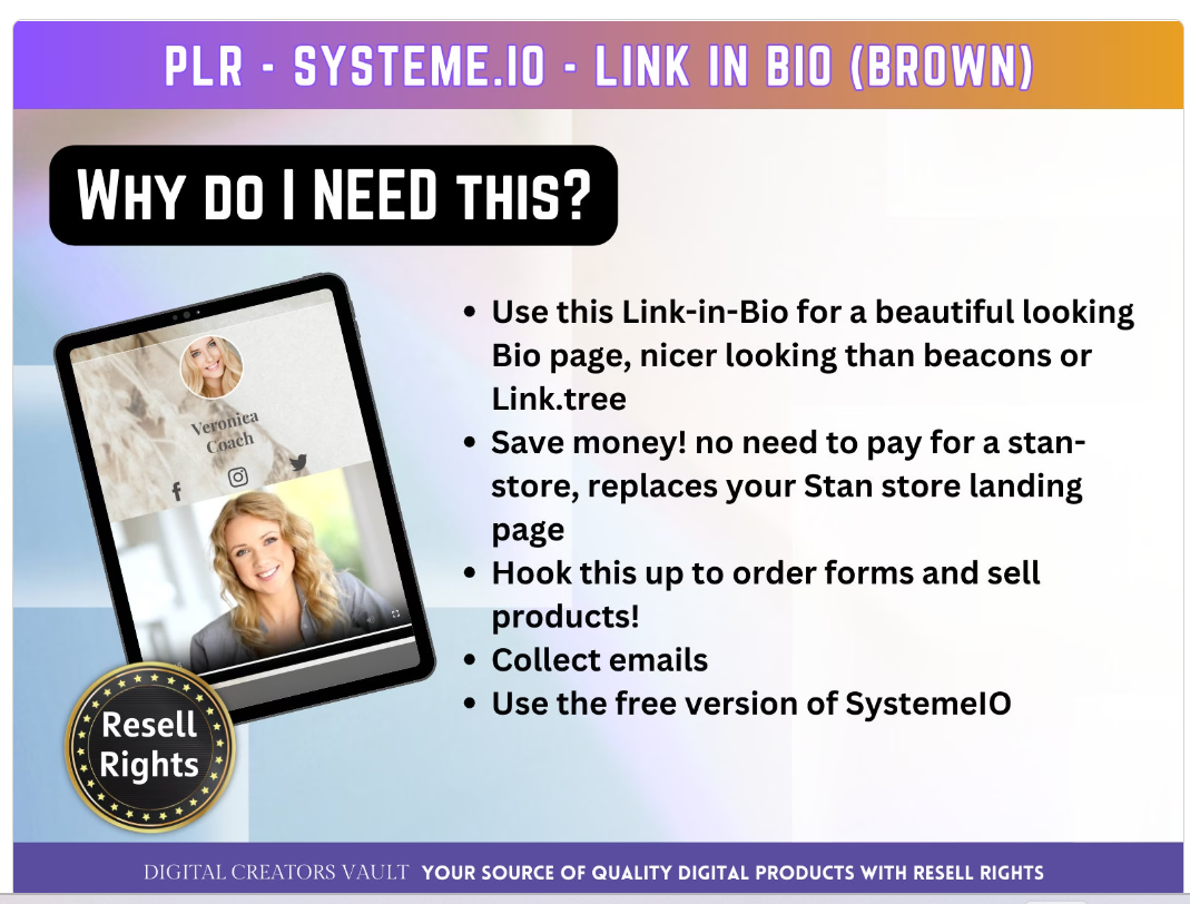 Link in Bio (Brown) SystemeIO with MRR+PLR Resell rights | Instagram bio  | Tiktok bio | SystemeIO page funnel - MRR Products Vault