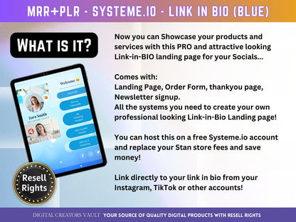 Link in Bio (Light Blue) SystemeIO with MRR+PLR Resell rights | Instagram bio  | Tiktok bio | SystemeIO page funnel - MRR Products Vault