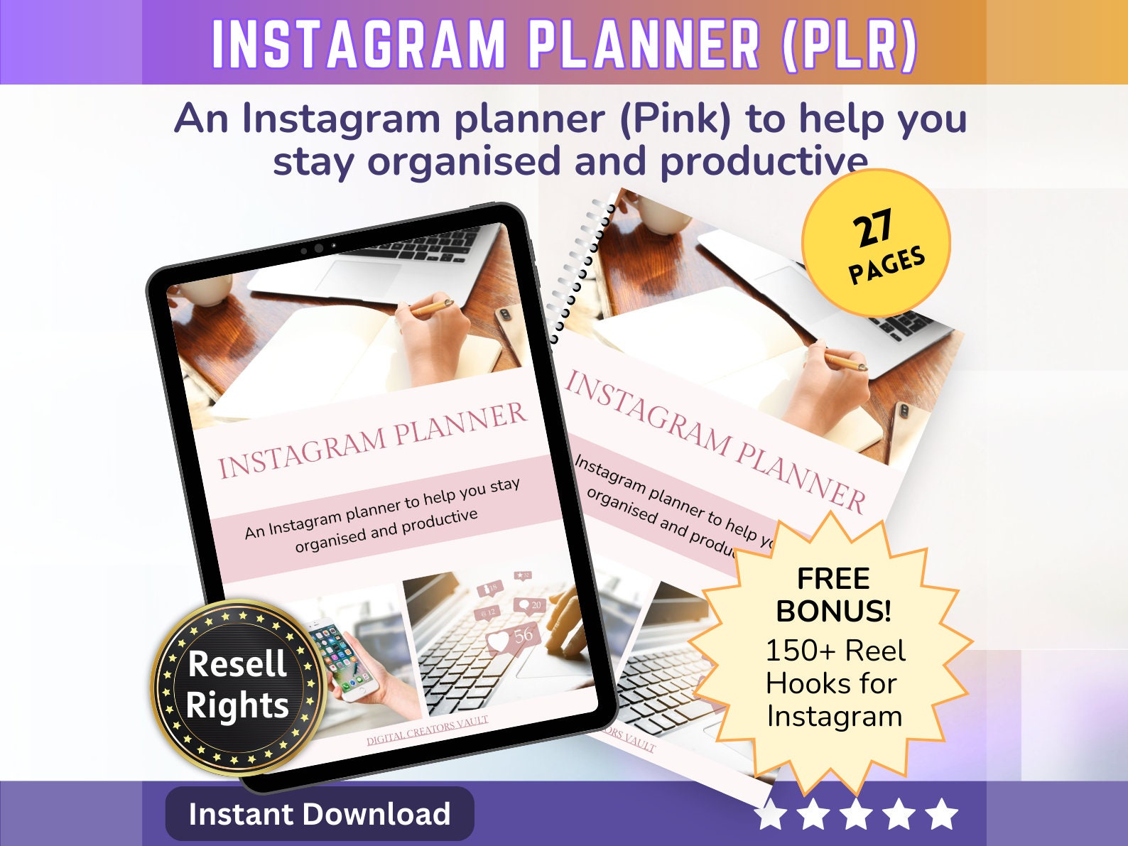 Instagram Planner Pink - PLR |  Social Media Content Calendar | Instagram Planner Printable | Small Business Planner | Social Media Plan | - MRR Products Vault