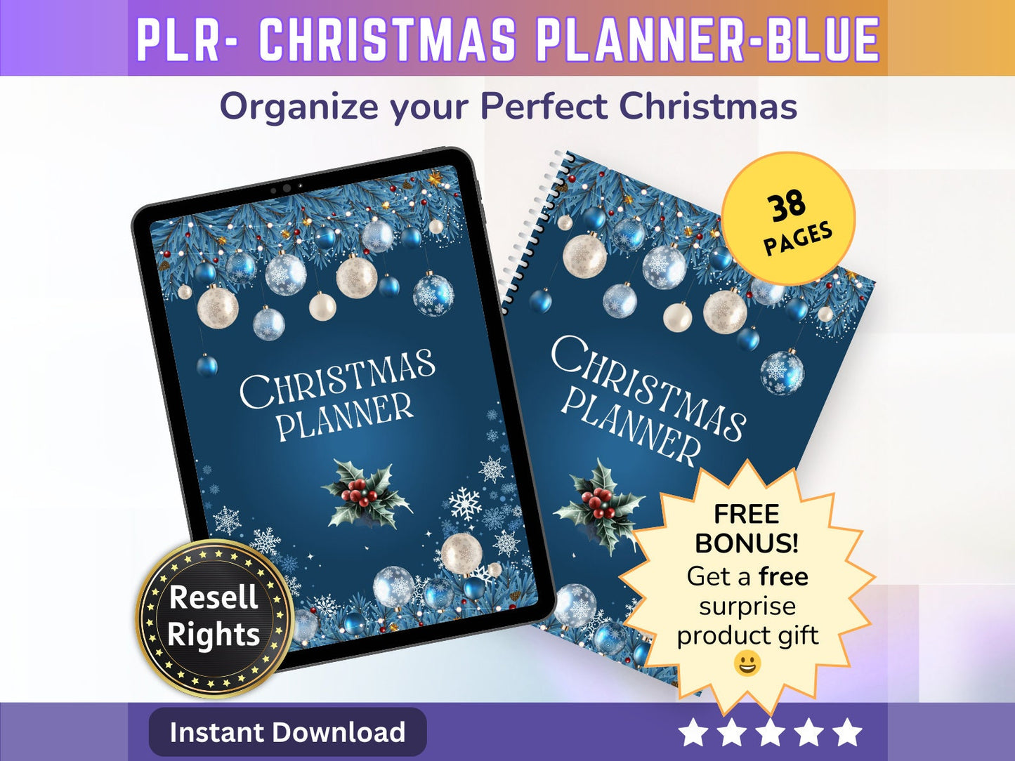 Christmas Planner - Blue - PLR | Digital Christmas Planner | Christmas Gift Planner - Printable - MRR Products Vault