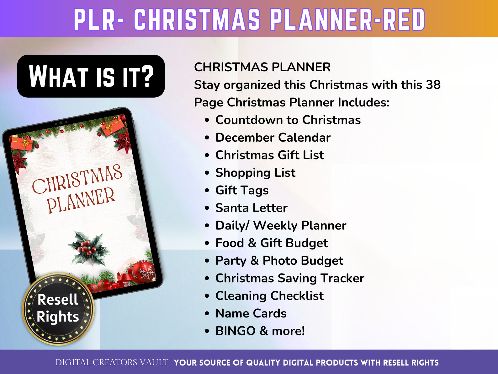 Christmas Planner - Red Traditional - PLR | Digital Christmas Planner | Christmas Gift Planner - MRR Products Vault