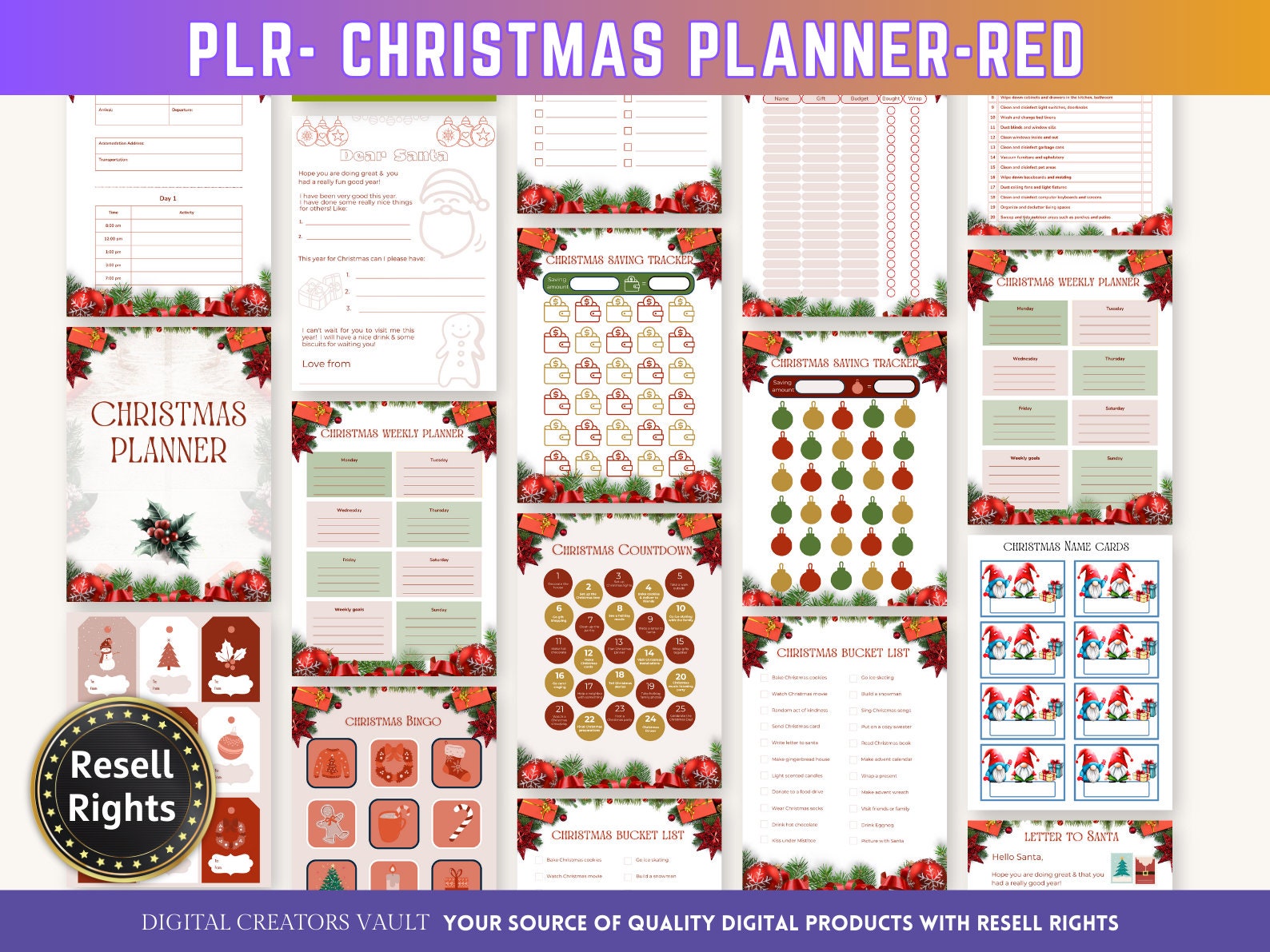 Christmas Planner - Red Traditional - PLR | Digital Christmas Planner | Christmas Gift Planner - MRR Products Vault