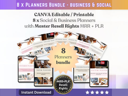 Digital Planner Bundle Social Media Planner for business planner or social media manager - 8 planners - PLR resale rights - MRR Products Vault