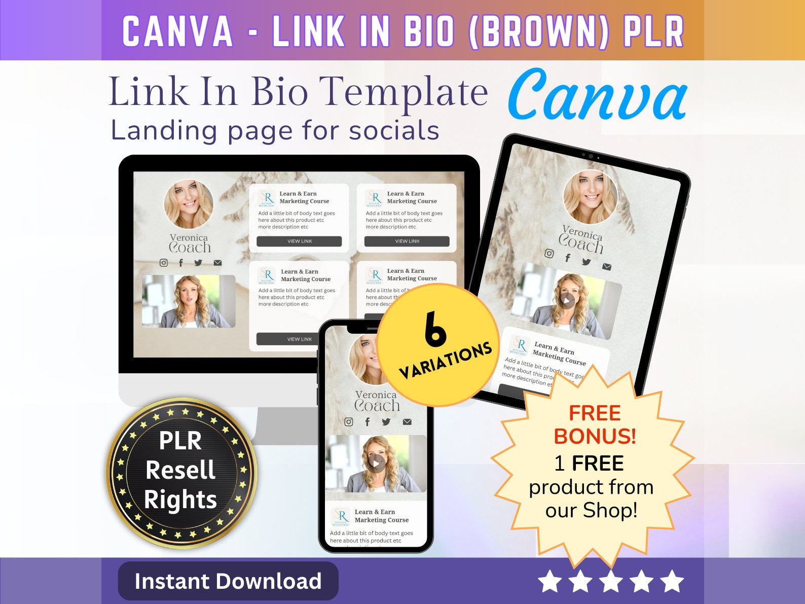 Canva Landing page website Template Link in Bio (Brown) with PLR Resell rights - Replace your Instagram bio | Tiktok bio | Stanstore bio - MRR Products Vault