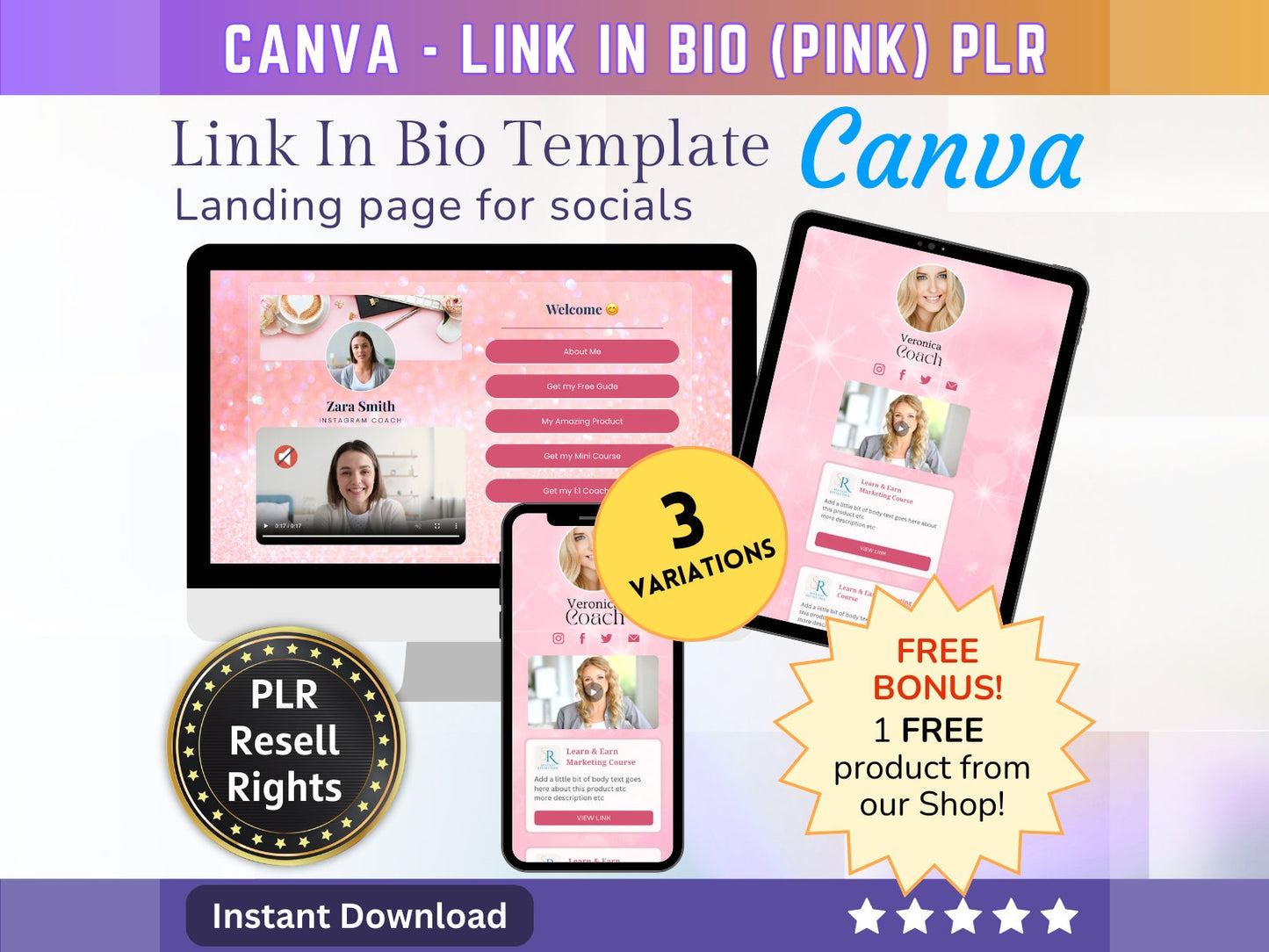 Canva Link in Bio landing page template (Pink) with PLR Resell rights | Instagram bio  | Tiktok bio | Canva page template PLR - MRR Products Vault