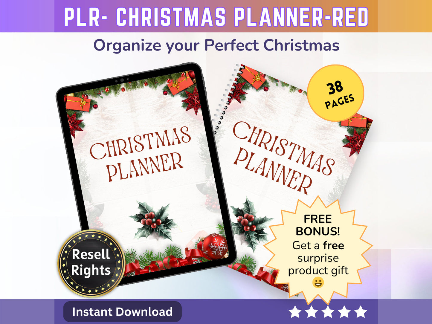 Christmas Planner - Red Traditional - PLR | Digital Christmas Planner | Christmas Gift Planner - MRR Products Vault