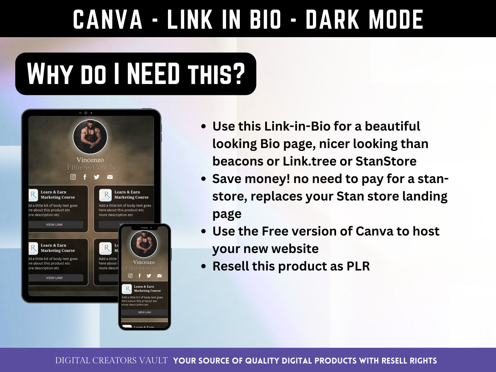 Canva Link in Bio landing page template DARK MODE - with PLR Resell rights | Instagram bio  | Tiktok bio | Canva page template - MRR Products Vault