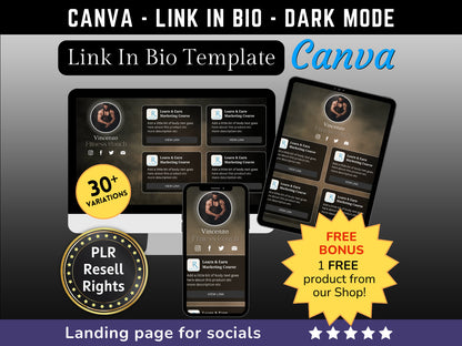 Canva Link in Bio landing page template DARK MODE - with PLR Resell rights | Instagram bio  | Tiktok bio | Canva page template - MRR Products Vault