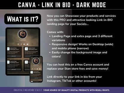 Canva Link in Bio landing page template DARK MODE - with PLR Resell rights | Instagram bio  | Tiktok bio | Canva page template - MRR Products Vault