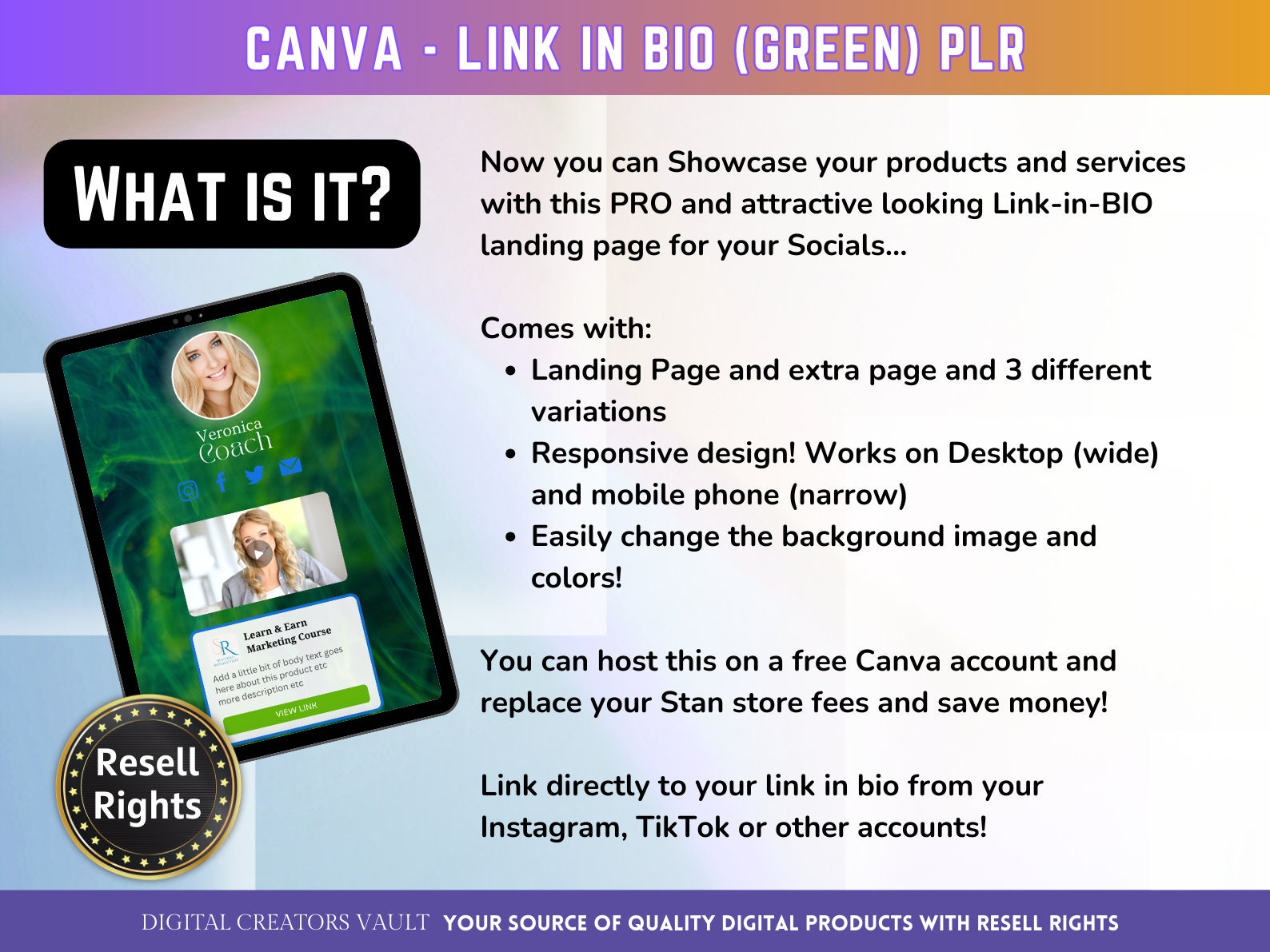 Canva Link in Bio landing page template (Green) with PLR Resell rights | Instagram bio  | Tiktok bio | Canva page template PLR - MRR Products Vault