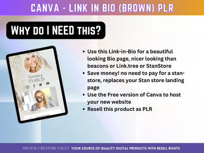 Canva Landing page website Template Link in Bio (Brown) with PLR Resell rights - Replace your Instagram bio | Tiktok bio | Stanstore bio - MRR Products Vault