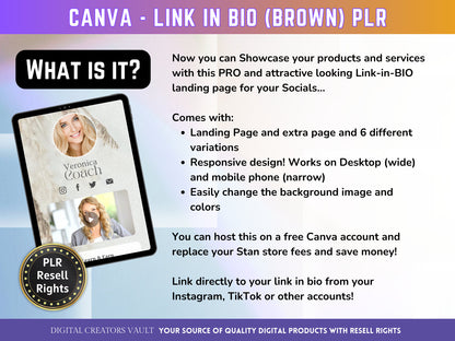 Canva Landing page website Template Link in Bio (Brown) with PLR Resell rights - Replace your Instagram bio | Tiktok bio | Stanstore bio - MRR Products Vault