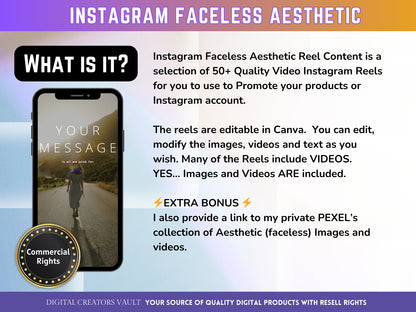 50+ Faceless Instagram Reel Templates | Aesthetic Reels | Reels Canva templates | Content Creator Reel - V2 - MRR Products Vault