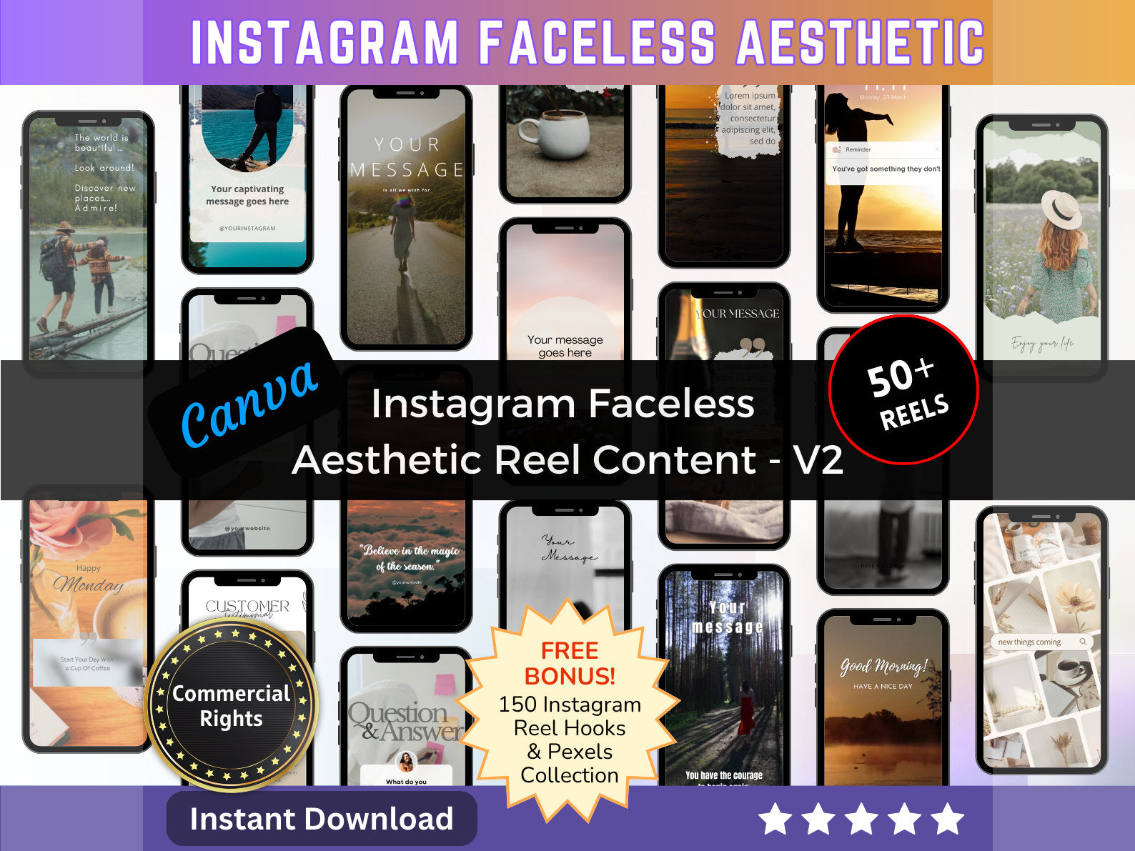 50+ Faceless Instagram Reel Templates | Aesthetic Reels | Reels Canva templates | Content Creator Reel - V2 - MRR Products Vault