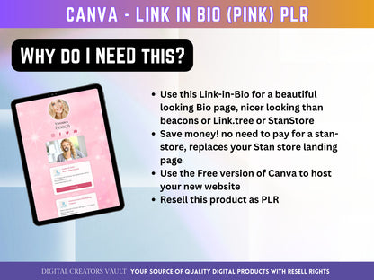 Canva Link in Bio landing page template (Pink) with PLR Resell rights | Instagram bio  | Tiktok bio | Canva page template PLR - MRR Products Vault