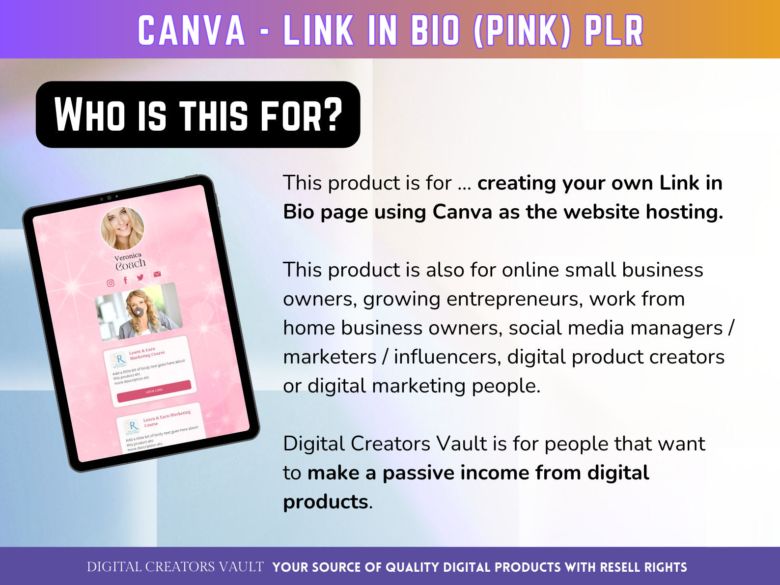 Canva Link in Bio landing page template (Pink) with PLR Resell rights | Instagram bio  | Tiktok bio | Canva page template PLR - MRR Products Vault