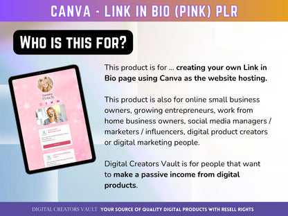 Canva Link in Bio landing page template (Pink) with PLR Resell rights | Instagram bio  | Tiktok bio | Canva page template PLR - MRR Products Vault