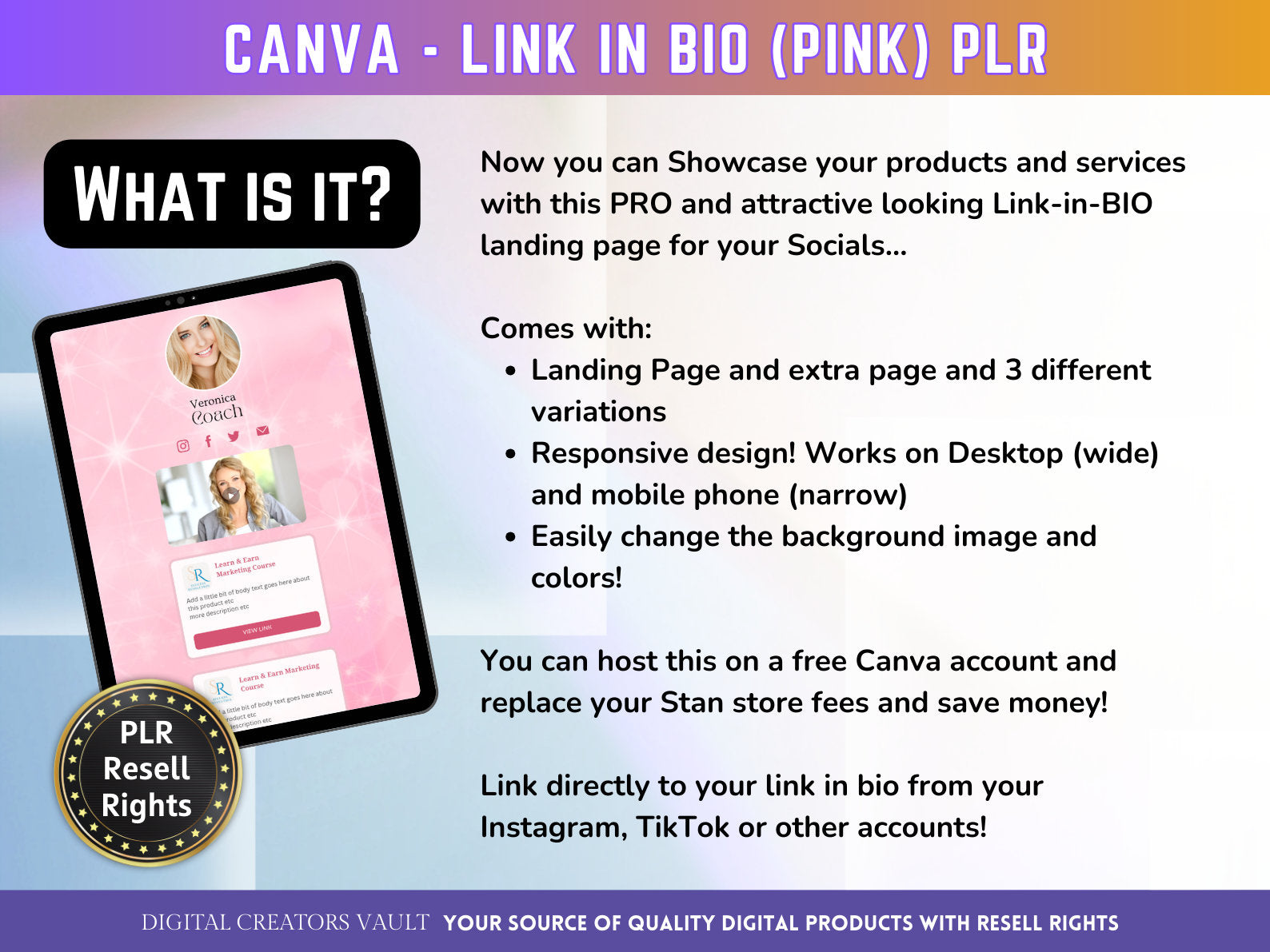 Canva Link in Bio landing page template (Pink) with PLR Resell rights | Instagram bio  | Tiktok bio | Canva page template PLR - MRR Products Vault