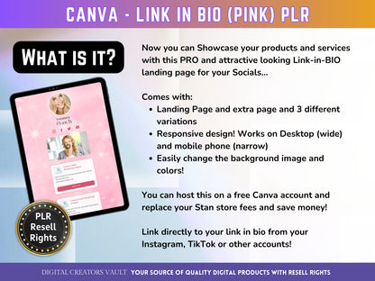 Canva Link in Bio landing page template (Pink) with PLR Resell rights | Instagram bio  | Tiktok bio | Canva page template PLR - MRR Products Vault