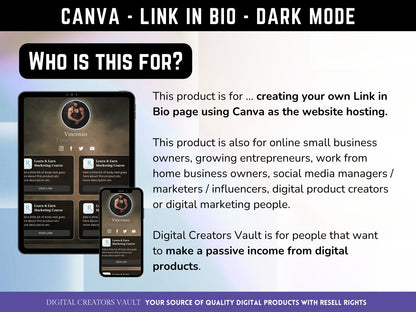 Canva Link in Bio landing page template DARK MODE - with PLR Resell rights | Instagram bio  | Tiktok bio | Canva page template - MRR Products Vault