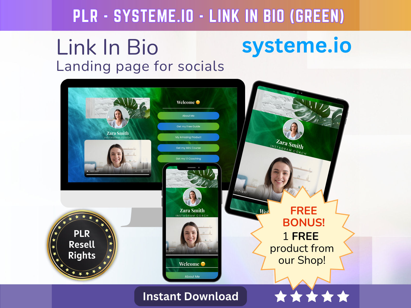 SystemeIO Link in Bio landing page template Resell rights (Green) | Instagram bio  | Tiktok bio | StanStore template replacer PLR - MRR Products Vault