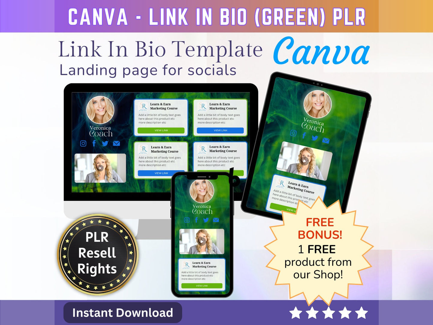 Canva Link in Bio landing page template (Green) with PLR Resell rights | Instagram bio  | Tiktok bio | Canva page template PLR - MRR Products Vault