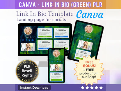 Canva Link in Bio landing page template (Green) with PLR Resell rights | Instagram bio  | Tiktok bio | Canva page template PLR - MRR Products Vault